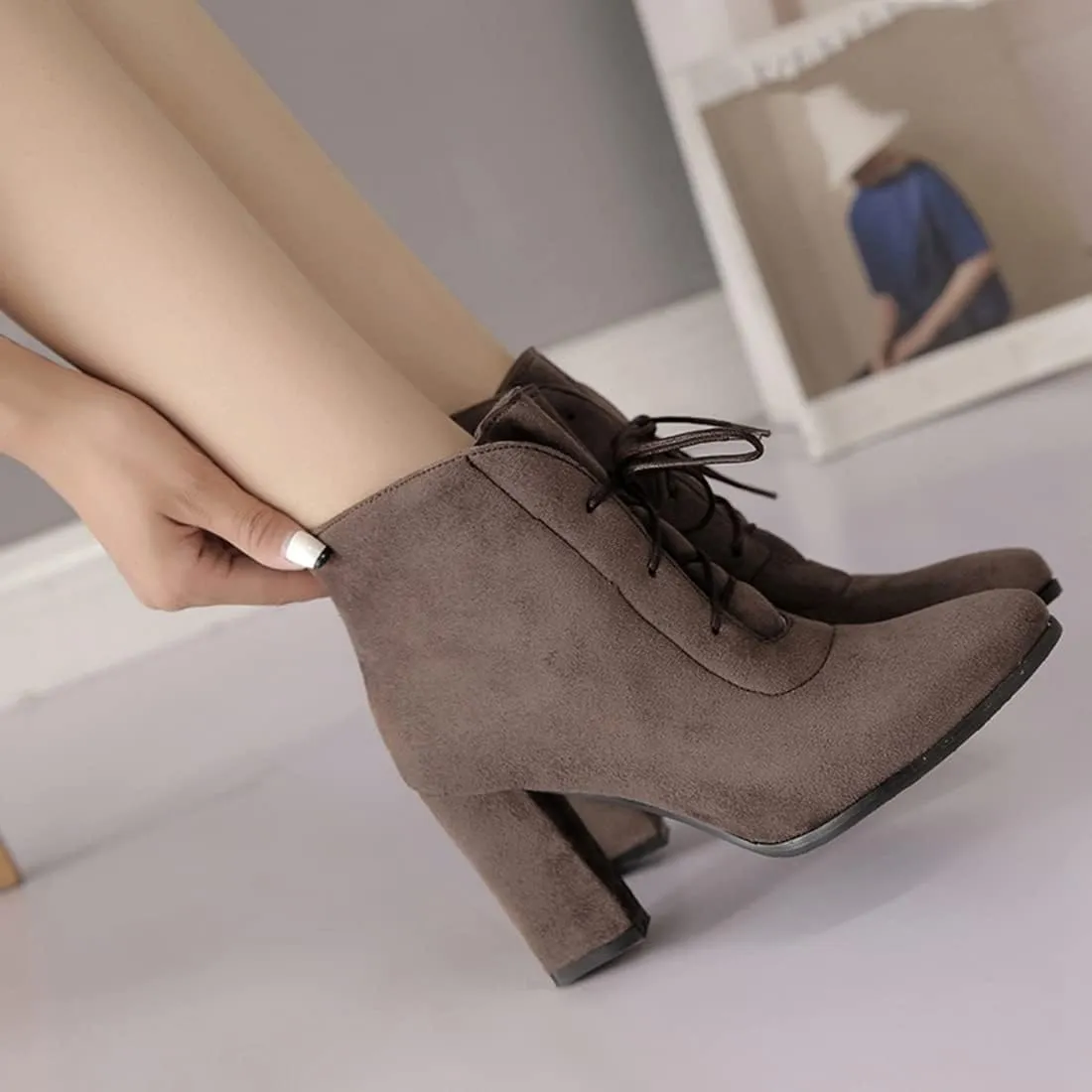 VOKLIN Women's Pointed Toe Lace Up Dressy Ankle Boots Vegan Suede Chunky Block High Heel Dress Short Booties
