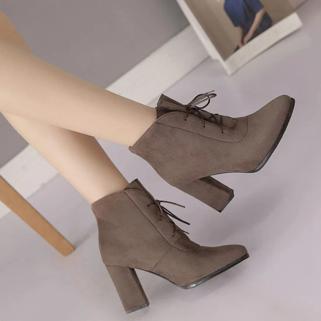 VOKLIN Women's Pointed Toe Lace Up Dressy Ankle Boots Vegan Suede Chunky Block High Heel Dress Short Booties