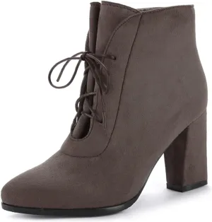 VOKLIN Women's Pointed Toe Lace Up Dressy Ankle Boots Vegan Suede Chunky Block High Heel Dress Short Booties
