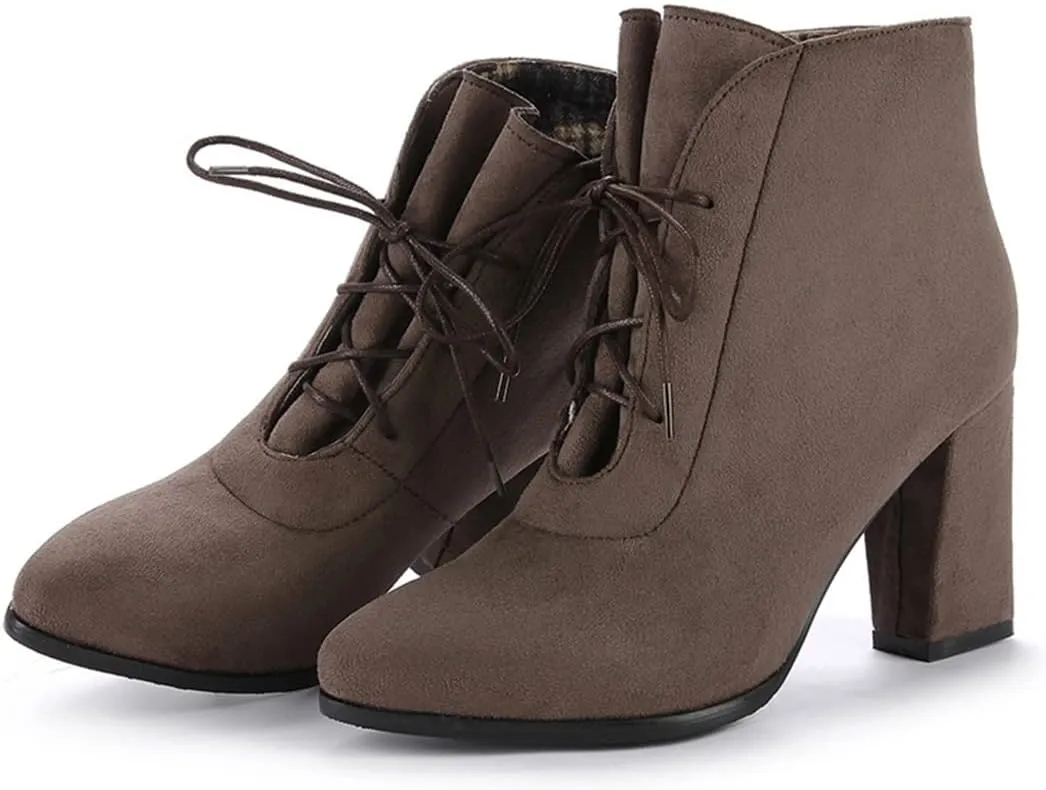 VOKLIN Women's Pointed Toe Lace Up Dressy Ankle Boots Vegan Suede Chunky Block High Heel Dress Short Booties