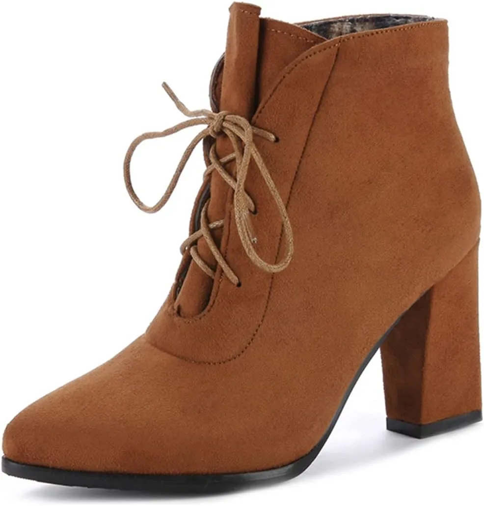 VOKLIN Women's Pointed Toe Lace Up Dressy Ankle Boots Vegan Suede Chunky Block High Heel Dress Short Booties