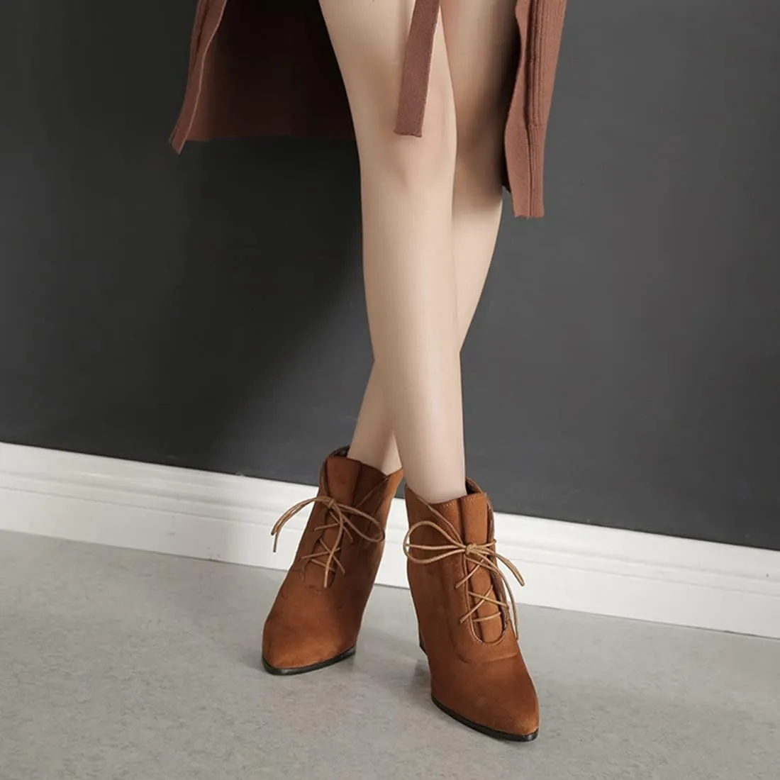 VOKLIN Women's Pointed Toe Lace Up Dressy Ankle Boots Vegan Suede Chunky Block High Heel Dress Short Booties
