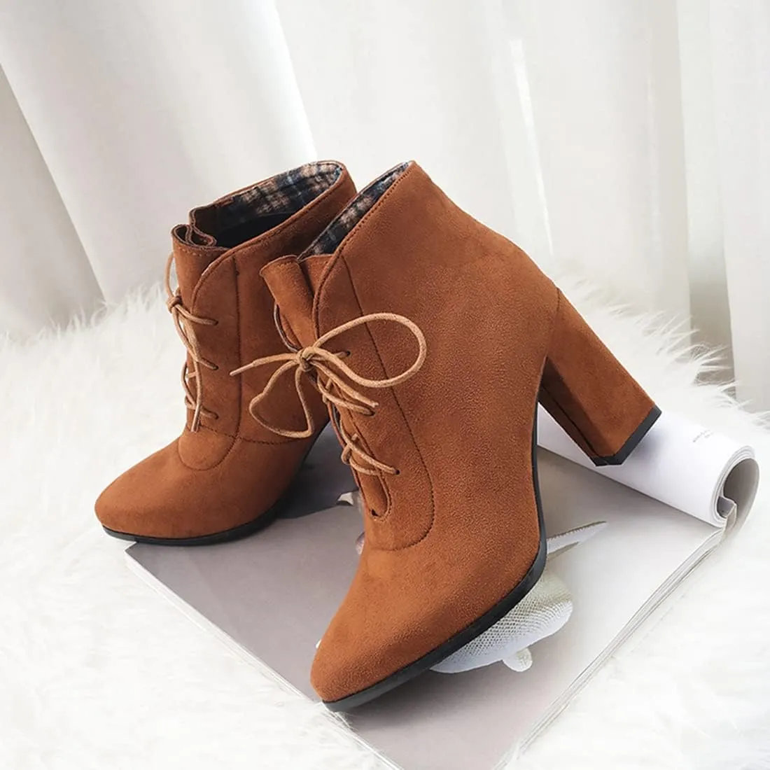 VOKLIN Women's Pointed Toe Lace Up Dressy Ankle Boots Vegan Suede Chunky Block High Heel Dress Short Booties