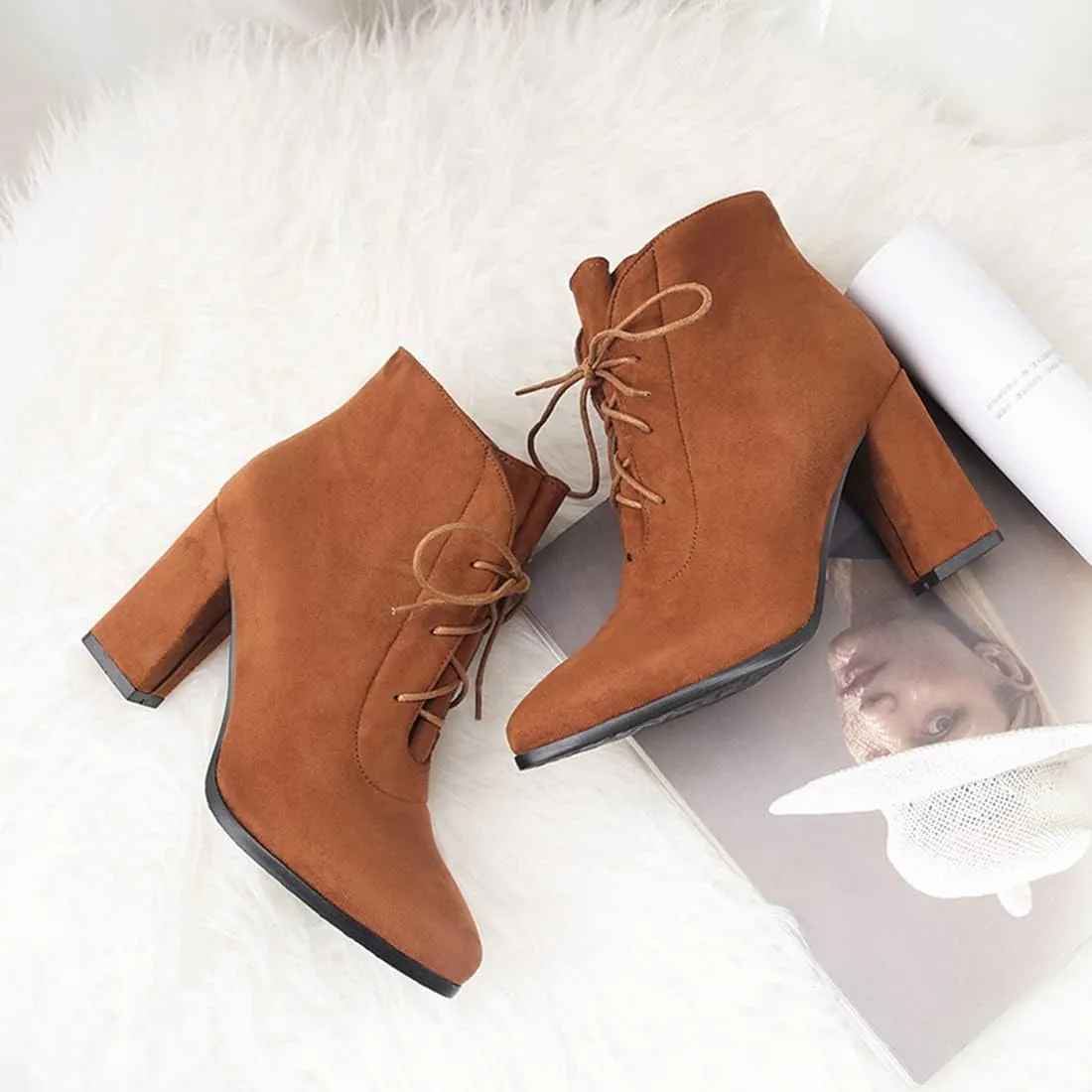 VOKLIN Women's Pointed Toe Lace Up Dressy Ankle Boots Vegan Suede Chunky Block High Heel Dress Short Booties