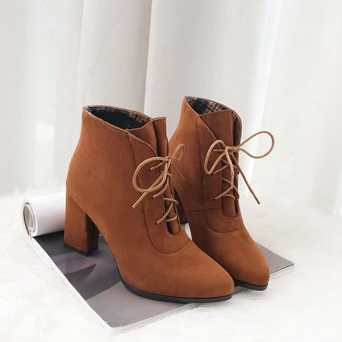 VOKLIN Women's Pointed Toe Lace Up Dressy Ankle Boots Vegan Suede Chunky Block High Heel Dress Short Booties
