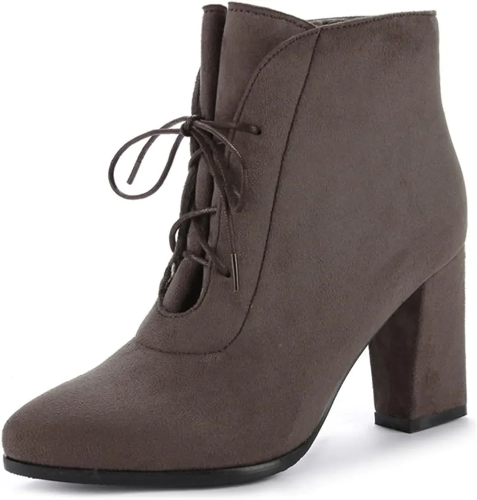 VOKLIN Women's Pointed Toe Lace Up Dressy Ankle Boots Vegan Suede Chunky Block High Heel Dress Short Booties