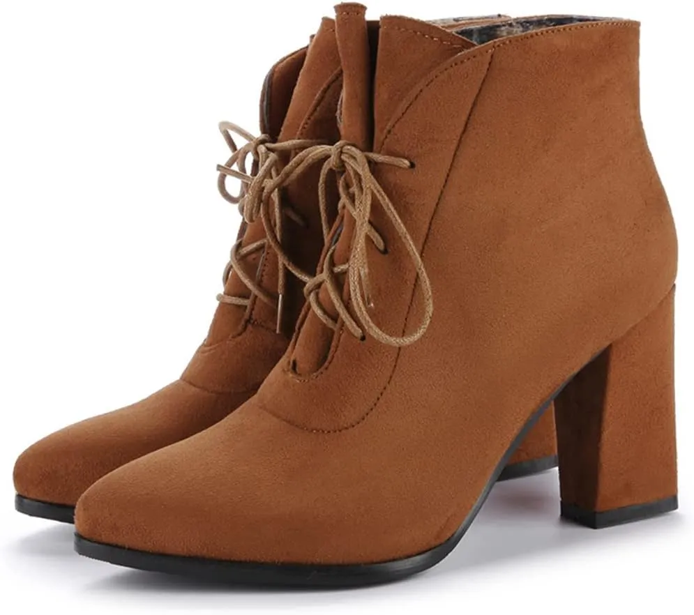 VOKLIN Women's Pointed Toe Lace Up Dressy Ankle Boots Vegan Suede Chunky Block High Heel Dress Short Booties