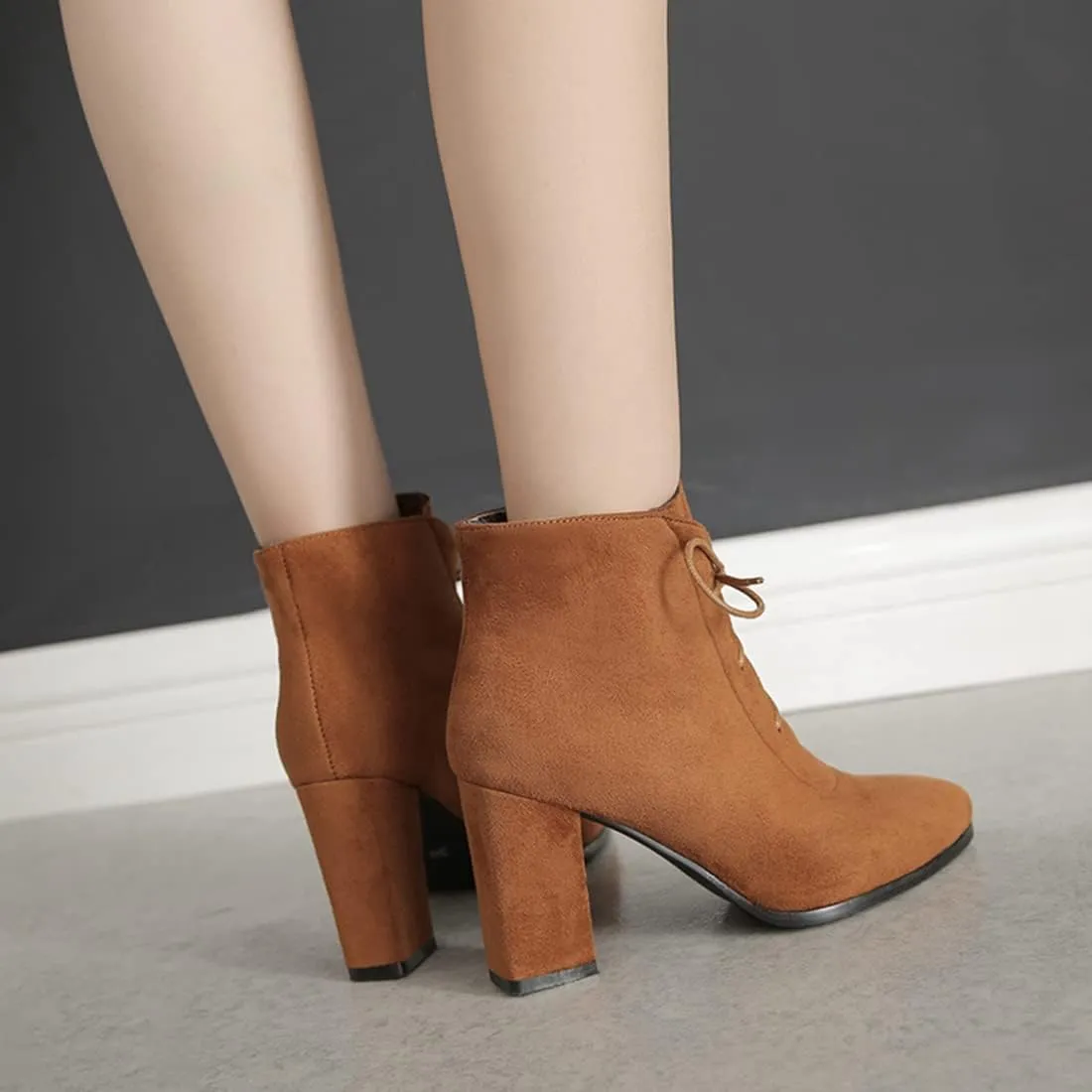 VOKLIN Women's Pointed Toe Lace Up Dressy Ankle Boots Vegan Suede Chunky Block High Heel Dress Short Booties