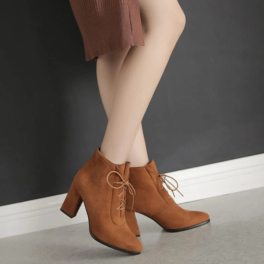 VOKLIN Women's Pointed Toe Lace Up Dressy Ankle Boots Vegan Suede Chunky Block High Heel Dress Short Booties