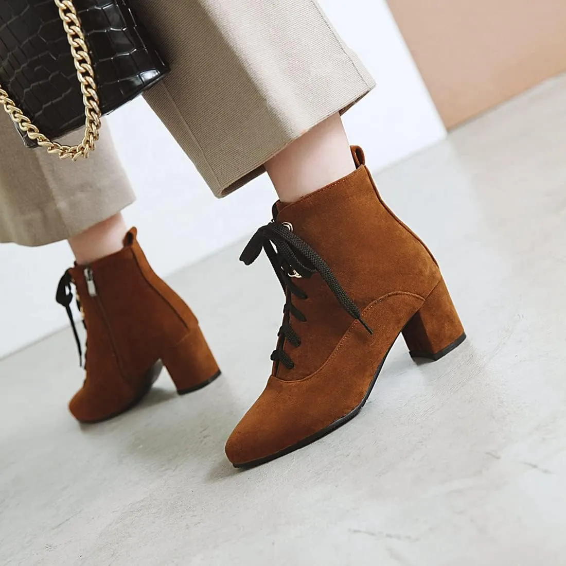 VOKLIN Women's Pointed Toe Lace Up Dressy Ankle Boots Vegan Suede Zipper Block Mid Heel Dress Short Booties