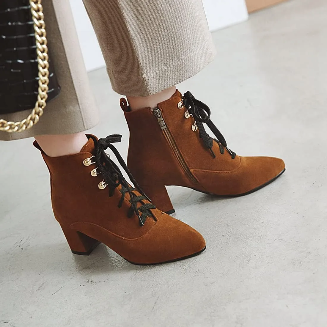 VOKLIN Women's Pointed Toe Lace Up Dressy Ankle Boots Vegan Suede Zipper Block Mid Heel Dress Short Booties
