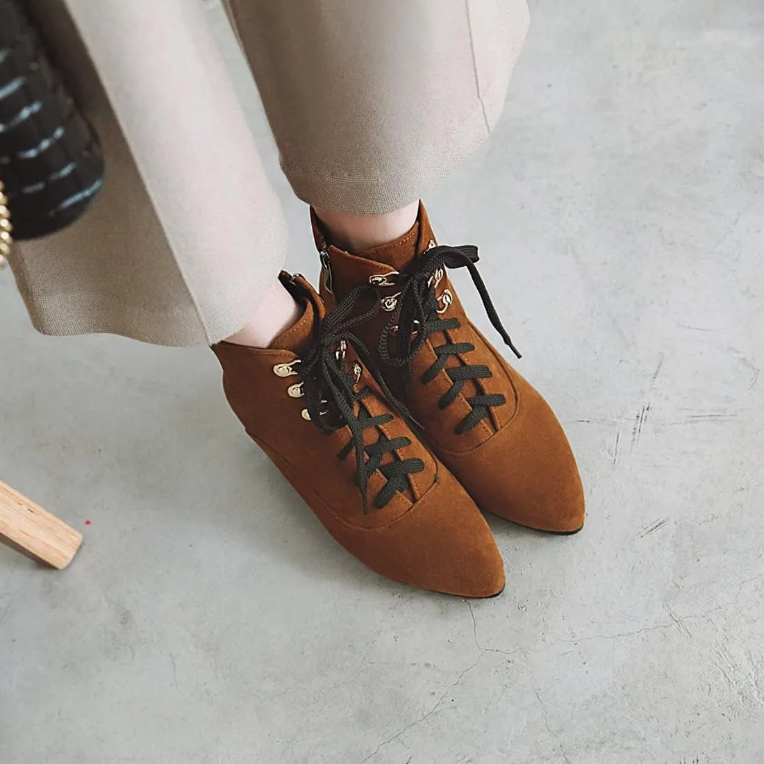 VOKLIN Women's Pointed Toe Lace Up Dressy Ankle Boots Vegan Suede Zipper Block Mid Heel Dress Short Booties