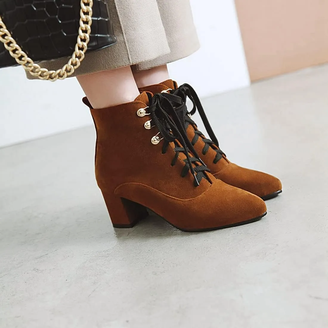 VOKLIN Women's Pointed Toe Lace Up Dressy Ankle Boots Vegan Suede Zipper Block Mid Heel Dress Short Booties