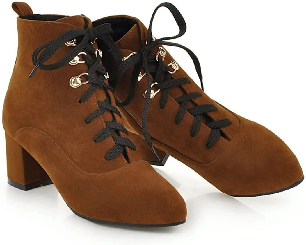VOKLIN Women's Pointed Toe Lace Up Dressy Ankle Boots Vegan Suede Zipper Block Mid Heel Dress Short Booties