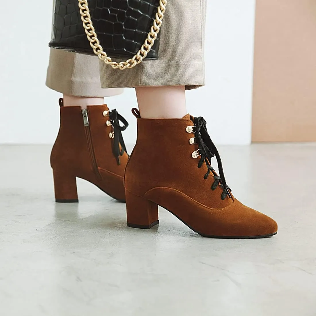 VOKLIN Women's Pointed Toe Lace Up Dressy Ankle Boots Vegan Suede Zipper Block Mid Heel Dress Short Booties