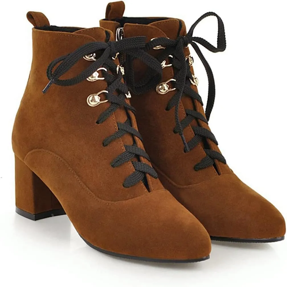 VOKLIN Women's Pointed Toe Lace Up Dressy Ankle Boots Vegan Suede Zipper Block Mid Heel Dress Short Booties