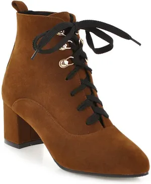 VOKLIN Women's Pointed Toe Lace Up Dressy Ankle Boots Vegan Suede Zipper Block Mid Heel Dress Short Booties
