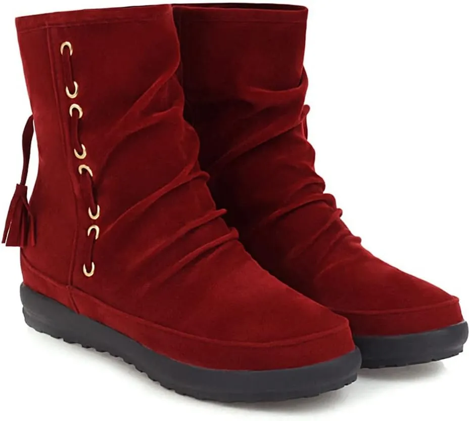 VOKLIN Women's Retro Round Toe Tassels Dress Ankle Boots Suede Hidden Low Heel Pull On Fringed Short Booties