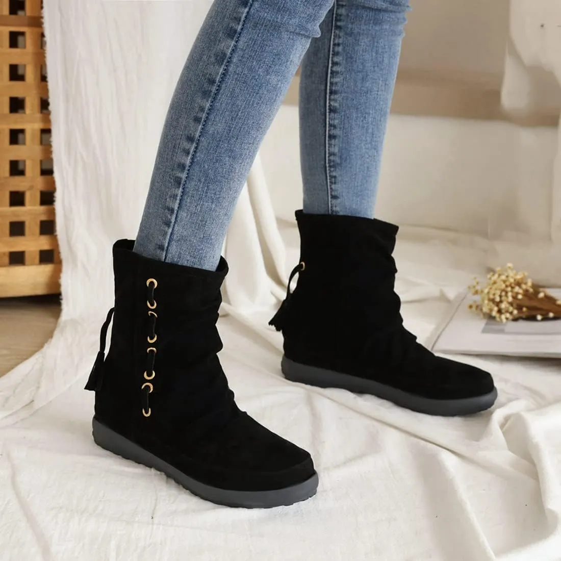 VOKLIN Women's Retro Round Toe Tassels Dress Ankle Boots Suede Hidden Low Heel Pull On Fringed Short Booties