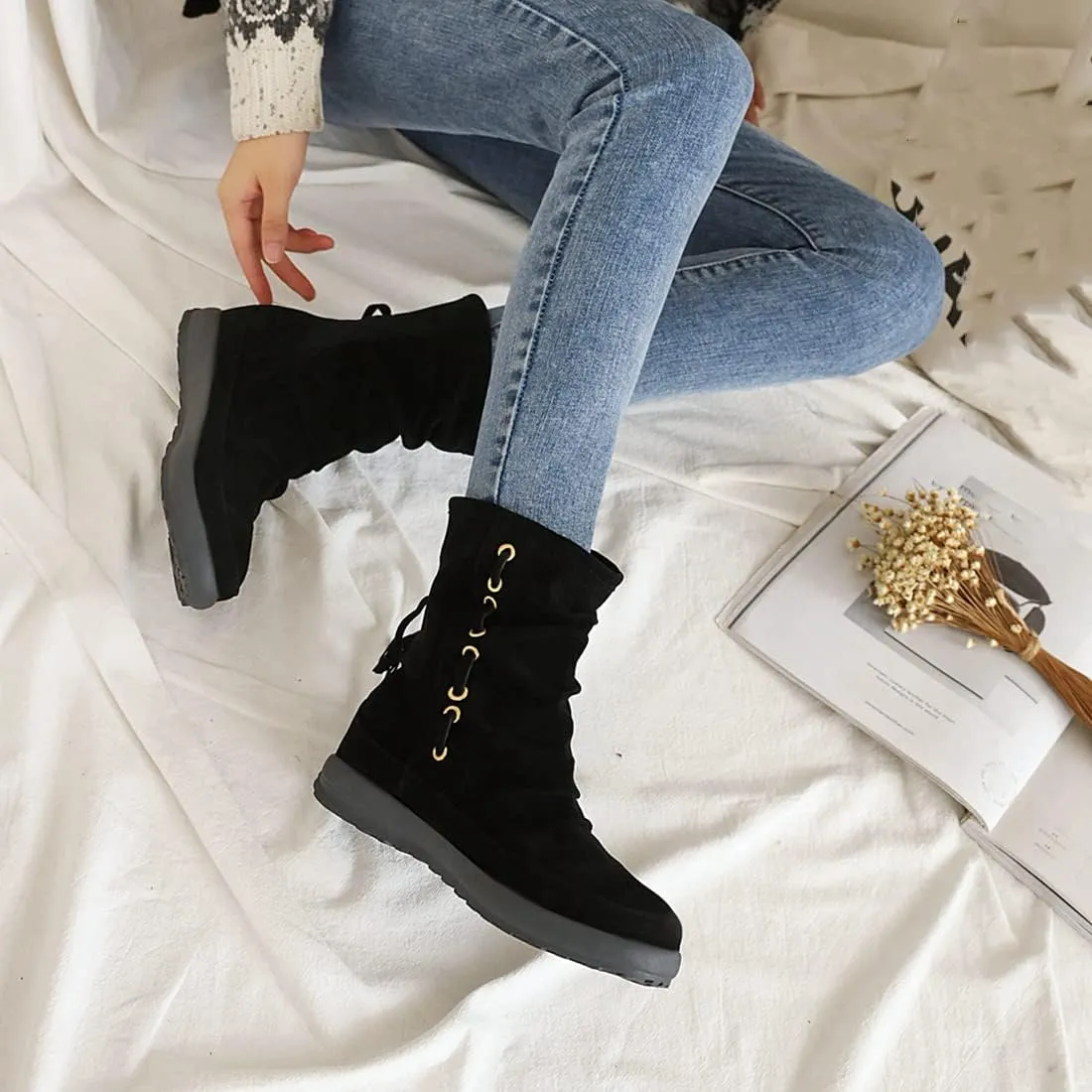 VOKLIN Women's Retro Round Toe Tassels Dress Ankle Boots Suede Hidden Low Heel Pull On Fringed Short Booties