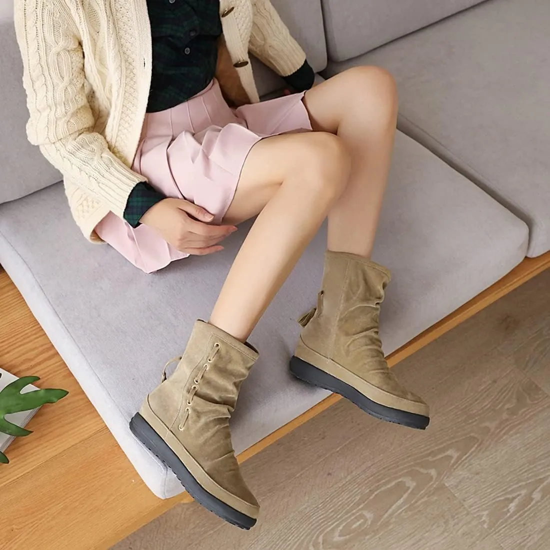 VOKLIN Women's Retro Round Toe Tassels Dress Ankle Boots Suede Hidden Low Heel Pull On Fringed Short Booties
