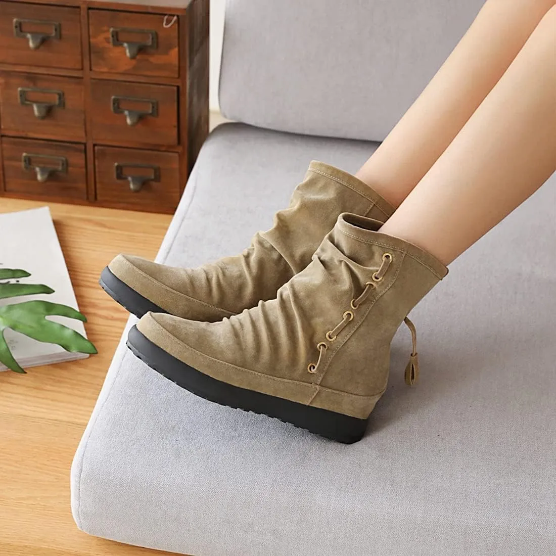 VOKLIN Women's Retro Round Toe Tassels Dress Ankle Boots Suede Hidden Low Heel Pull On Fringed Short Booties