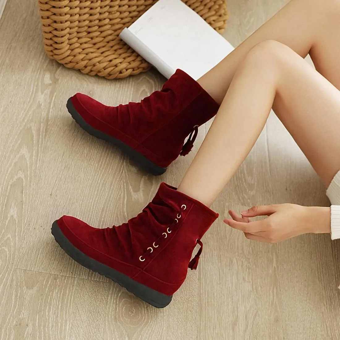 VOKLIN Women's Retro Round Toe Tassels Dress Ankle Boots Suede Hidden Low Heel Pull On Fringed Short Booties