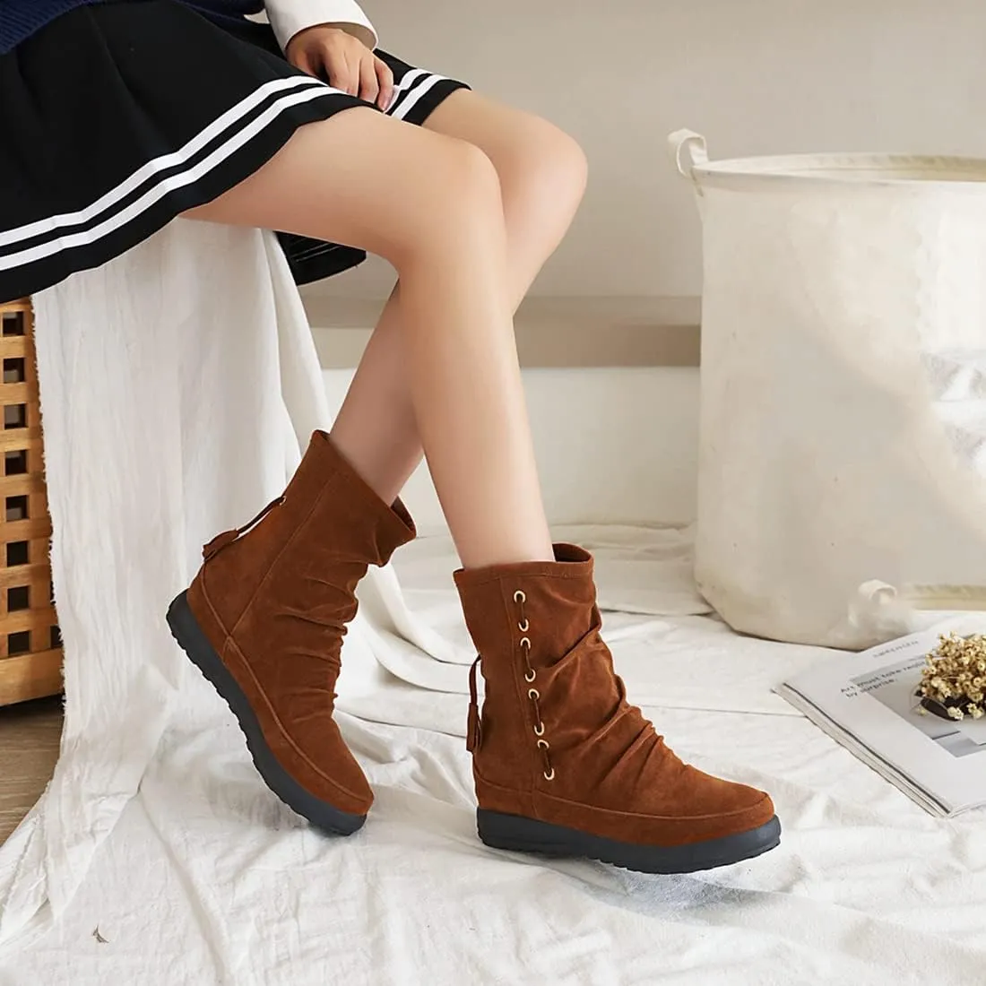 VOKLIN Women's Retro Round Toe Tassels Dress Ankle Boots Suede Hidden Low Heel Pull On Fringed Short Booties