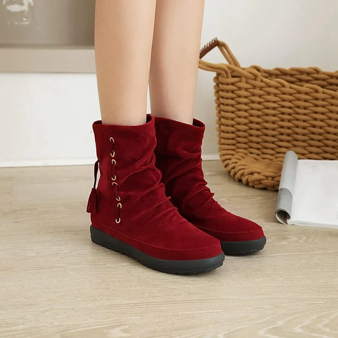 VOKLIN Women's Retro Round Toe Tassels Dress Ankle Boots Suede Hidden Low Heel Pull On Fringed Short Booties