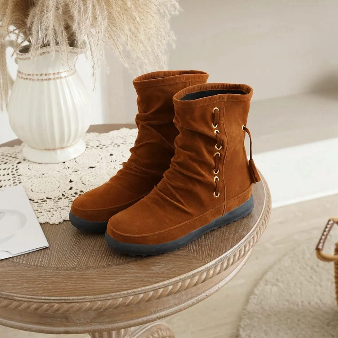 VOKLIN Women's Retro Round Toe Tassels Dress Ankle Boots Suede Hidden Low Heel Pull On Fringed Short Booties