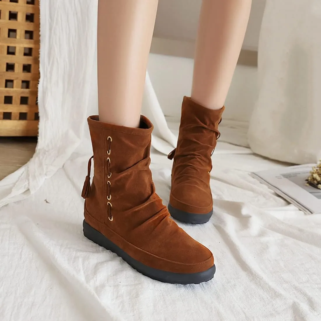 VOKLIN Women's Retro Round Toe Tassels Dress Ankle Boots Suede Hidden Low Heel Pull On Fringed Short Booties
