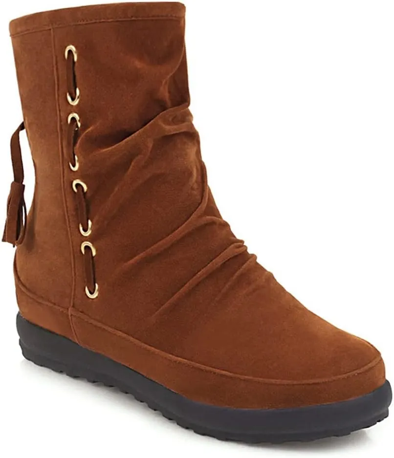 VOKLIN Women's Retro Round Toe Tassels Dress Ankle Boots Suede Hidden Low Heel Pull On Fringed Short Booties