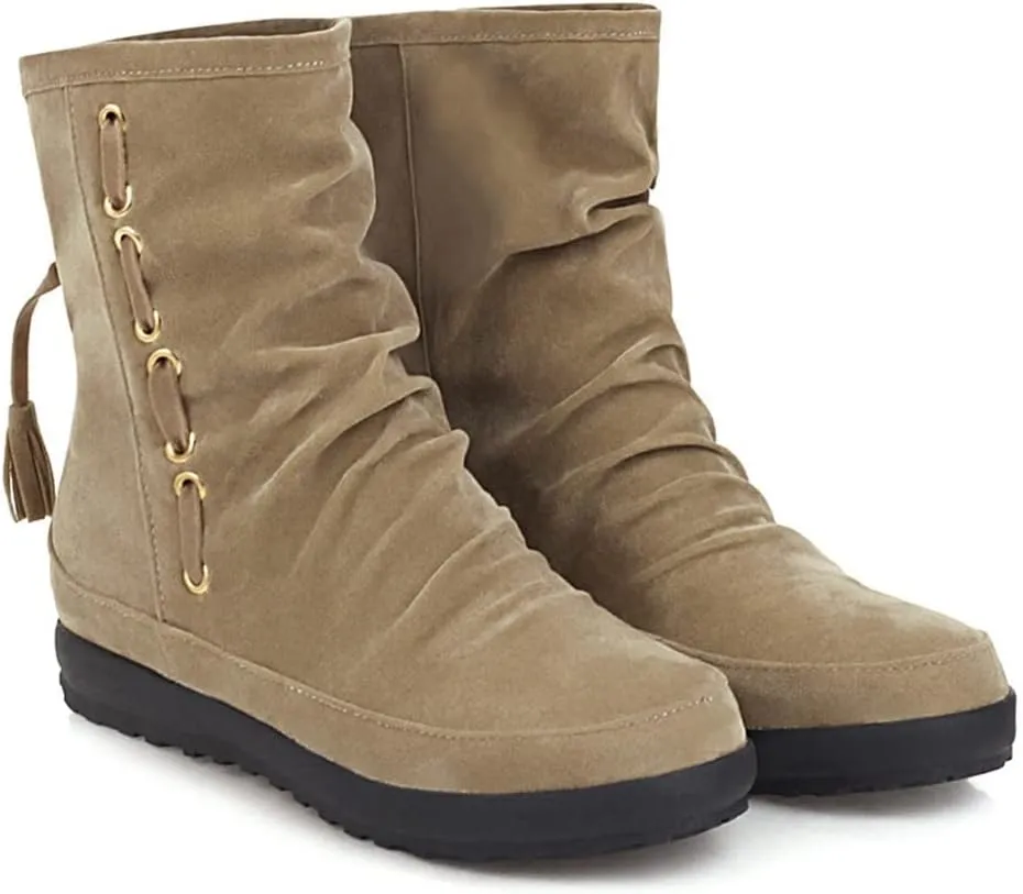 VOKLIN Women's Retro Round Toe Tassels Dress Ankle Boots Suede Hidden Low Heel Pull On Fringed Short Booties
