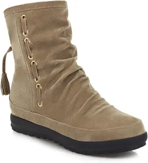 VOKLIN Women's Retro Round Toe Tassels Dress Ankle Boots Suede Hidden Low Heel Pull On Fringed Short Booties
