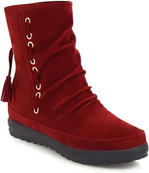 VOKLIN Women's Retro Round Toe Tassels Dress Ankle Boots Suede Hidden Low Heel Pull On Fringed Short Booties