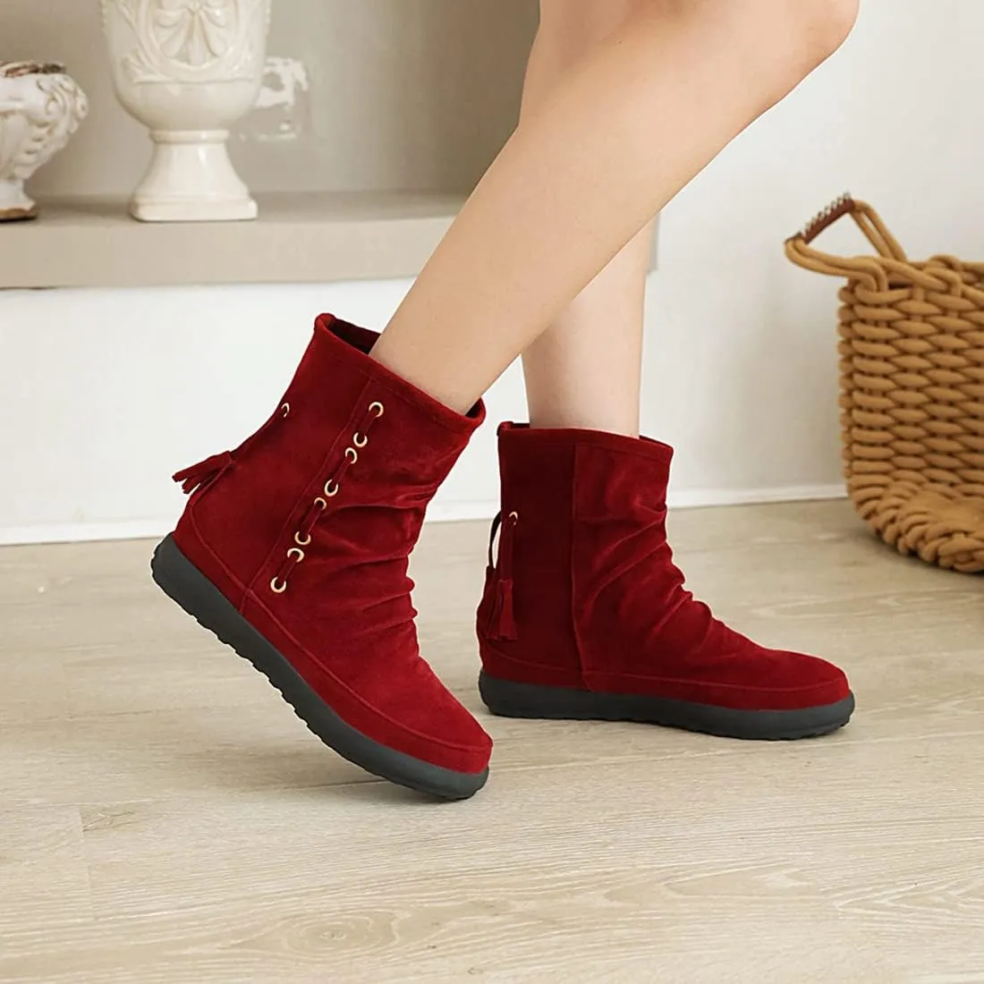 VOKLIN Women's Retro Round Toe Tassels Dress Ankle Boots Suede Hidden Low Heel Pull On Fringed Short Booties