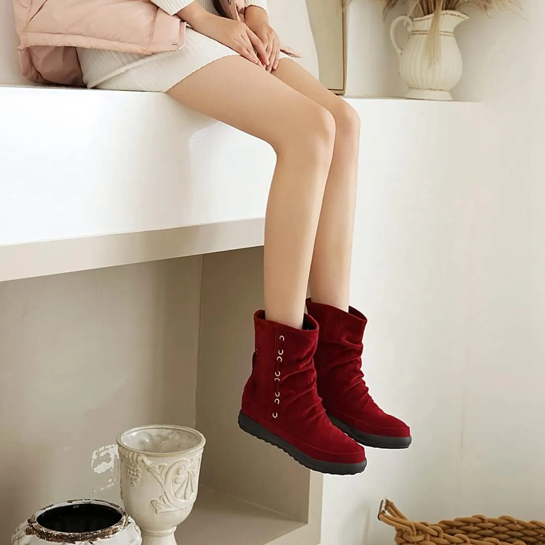VOKLIN Women's Retro Round Toe Tassels Dress Ankle Boots Suede Hidden Low Heel Pull On Fringed Short Booties