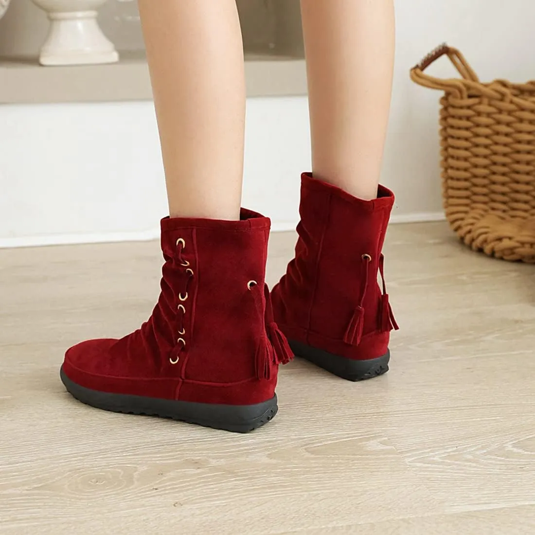 VOKLIN Women's Retro Round Toe Tassels Dress Ankle Boots Suede Hidden Low Heel Pull On Fringed Short Booties