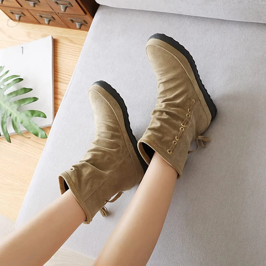 VOKLIN Women's Retro Round Toe Tassels Dress Ankle Boots Suede Hidden Low Heel Pull On Fringed Short Booties