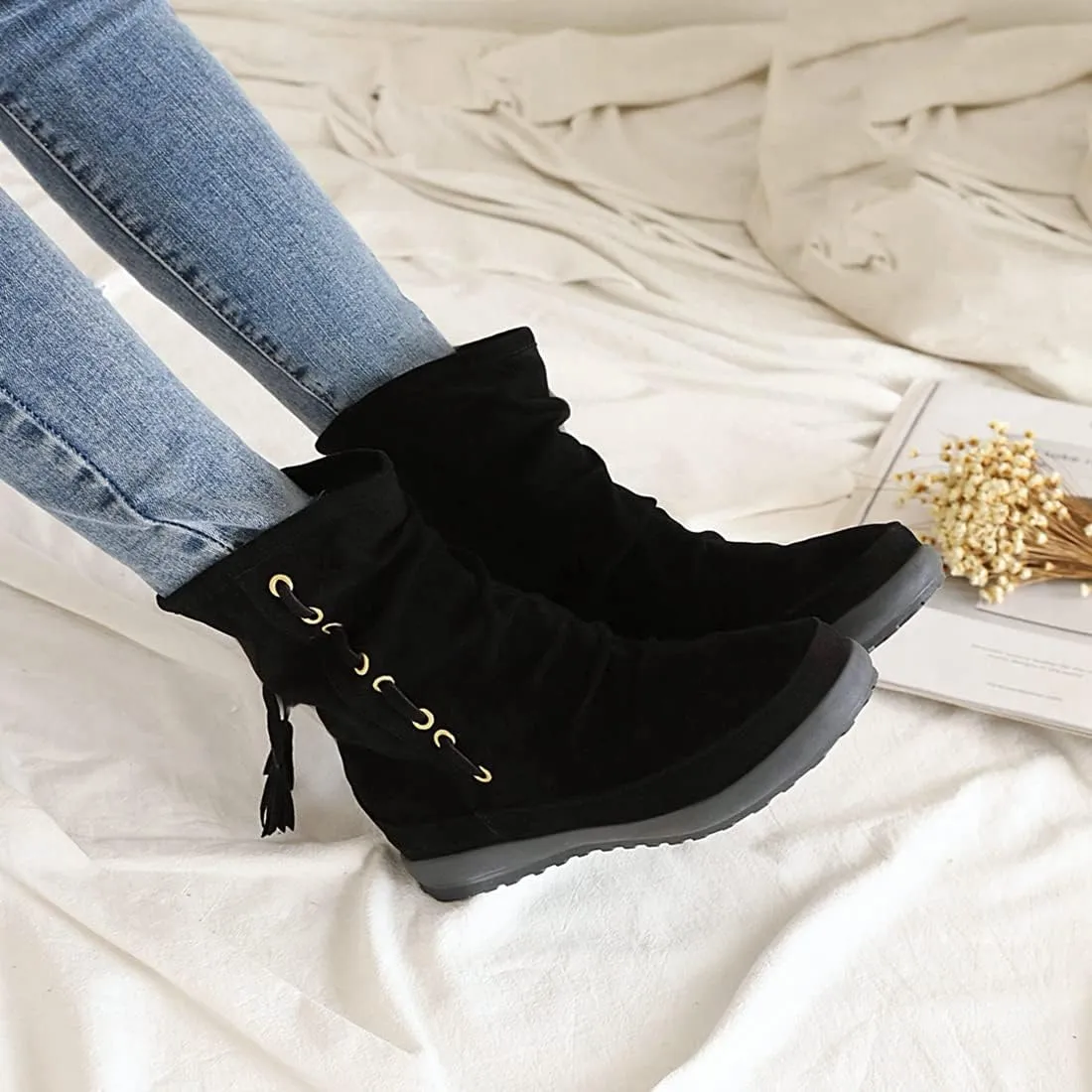 VOKLIN Women's Retro Round Toe Tassels Dress Ankle Boots Suede Hidden Low Heel Pull On Fringed Short Booties
