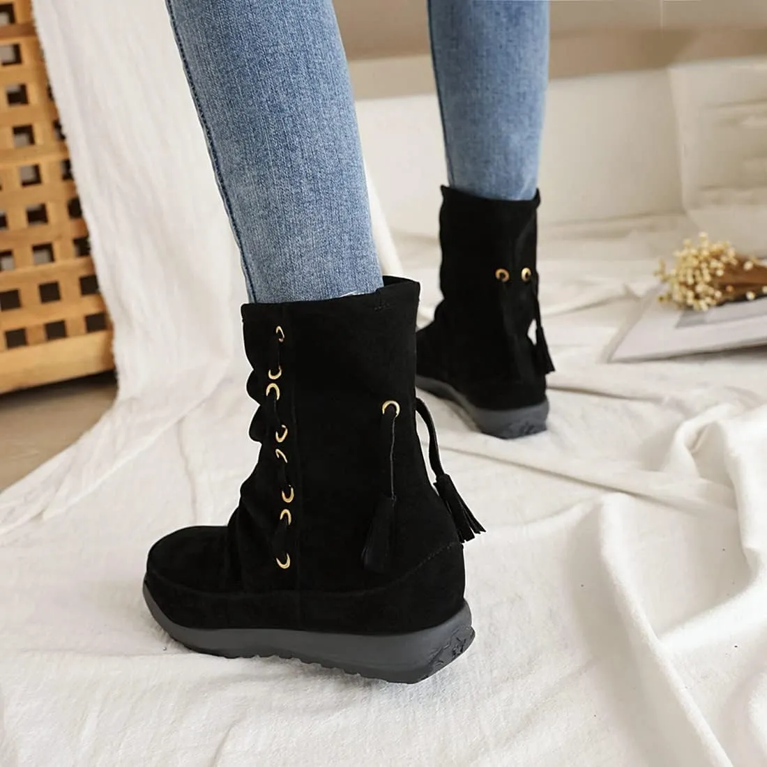 VOKLIN Women's Retro Round Toe Tassels Dress Ankle Boots Suede Hidden Low Heel Pull On Fringed Short Booties