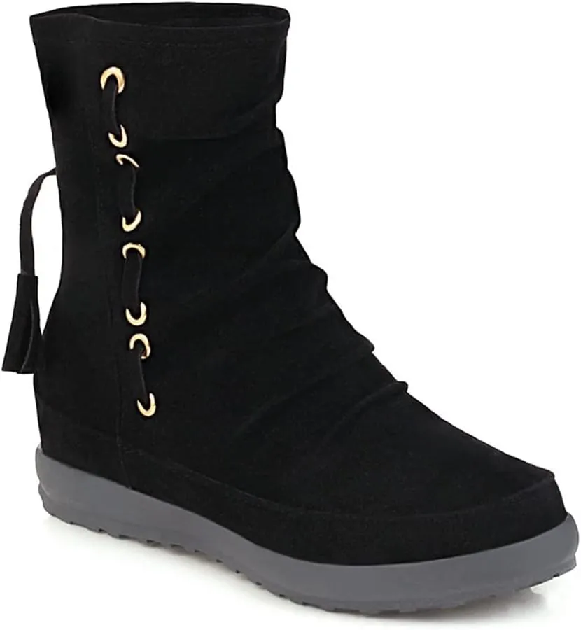 VOKLIN Women's Retro Round Toe Tassels Dress Ankle Boots Suede Hidden Low Heel Pull On Fringed Short Booties