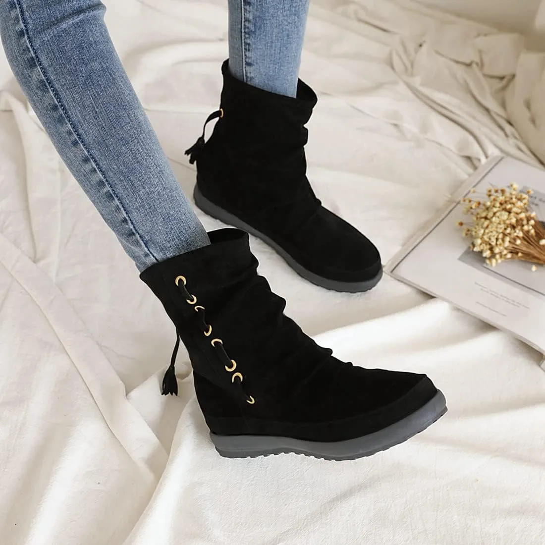 VOKLIN Women's Retro Round Toe Tassels Dress Ankle Boots Suede Hidden Low Heel Pull On Fringed Short Booties
