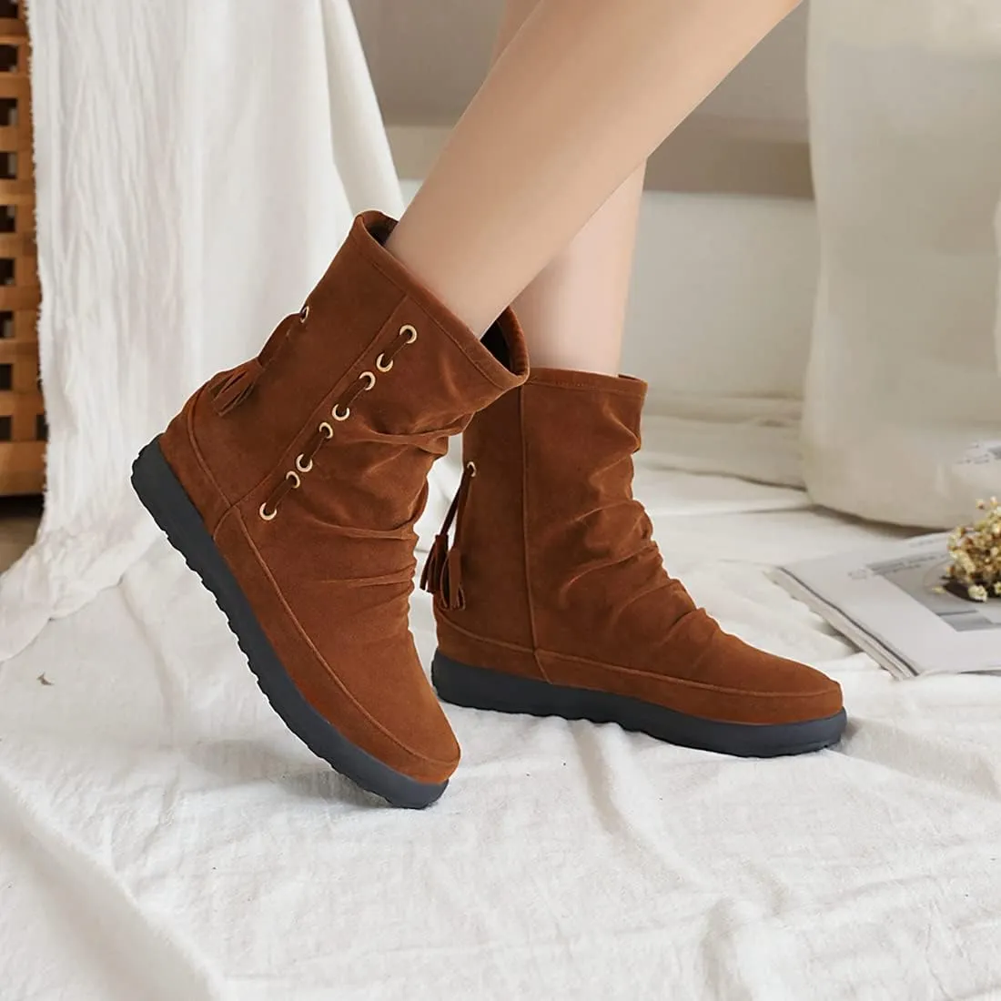 VOKLIN Women's Retro Round Toe Tassels Dress Ankle Boots Suede Hidden Low Heel Pull On Fringed Short Booties