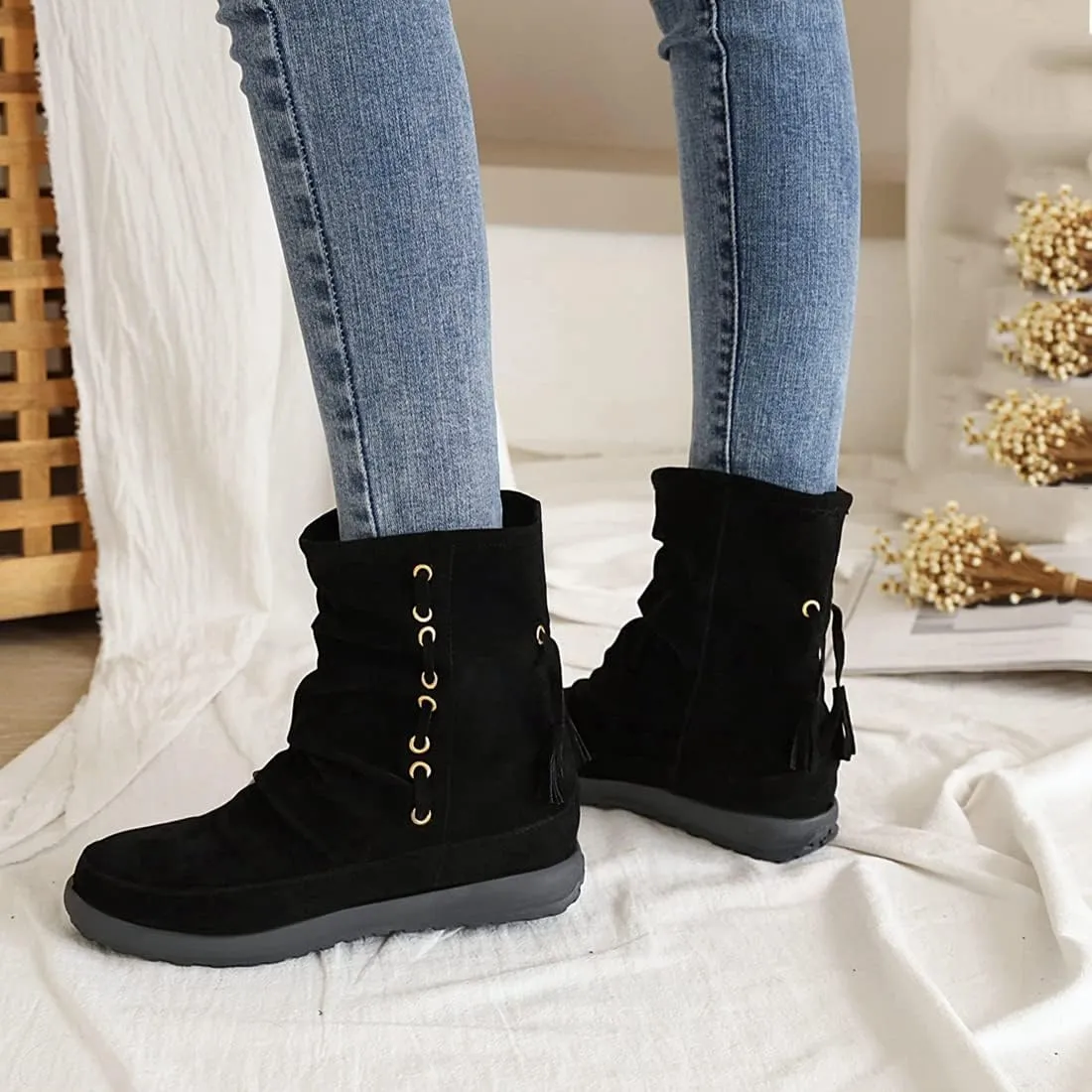 VOKLIN Women's Retro Round Toe Tassels Dress Ankle Boots Suede Hidden Low Heel Pull On Fringed Short Booties