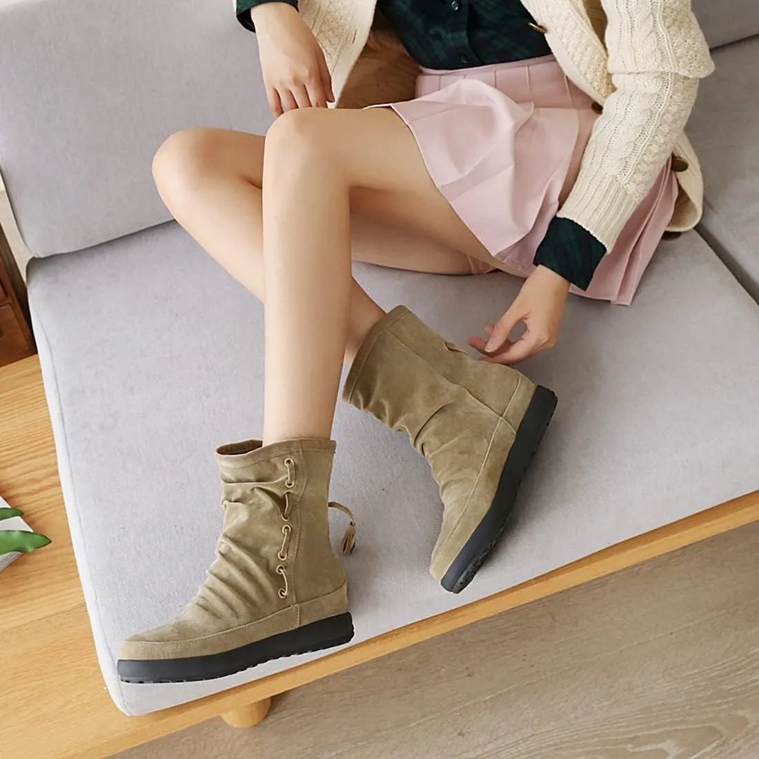 VOKLIN Women's Retro Round Toe Tassels Dress Ankle Boots Suede Hidden Low Heel Pull On Fringed Short Booties