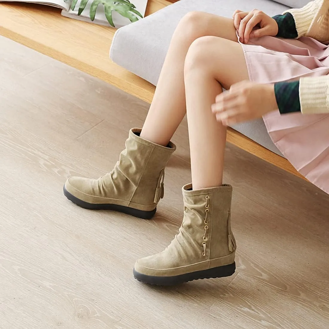 VOKLIN Women's Retro Round Toe Tassels Dress Ankle Boots Suede Hidden Low Heel Pull On Fringed Short Booties