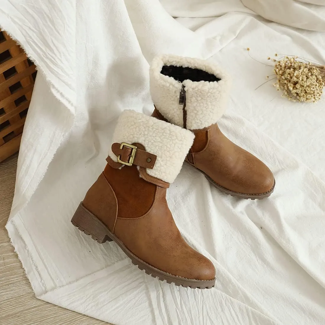 VOKLIN Women's Round Toe Buckle Cuff Dress Ankle Boots Flat Low Heels Zipper Warm Fur Dressy Short Booties