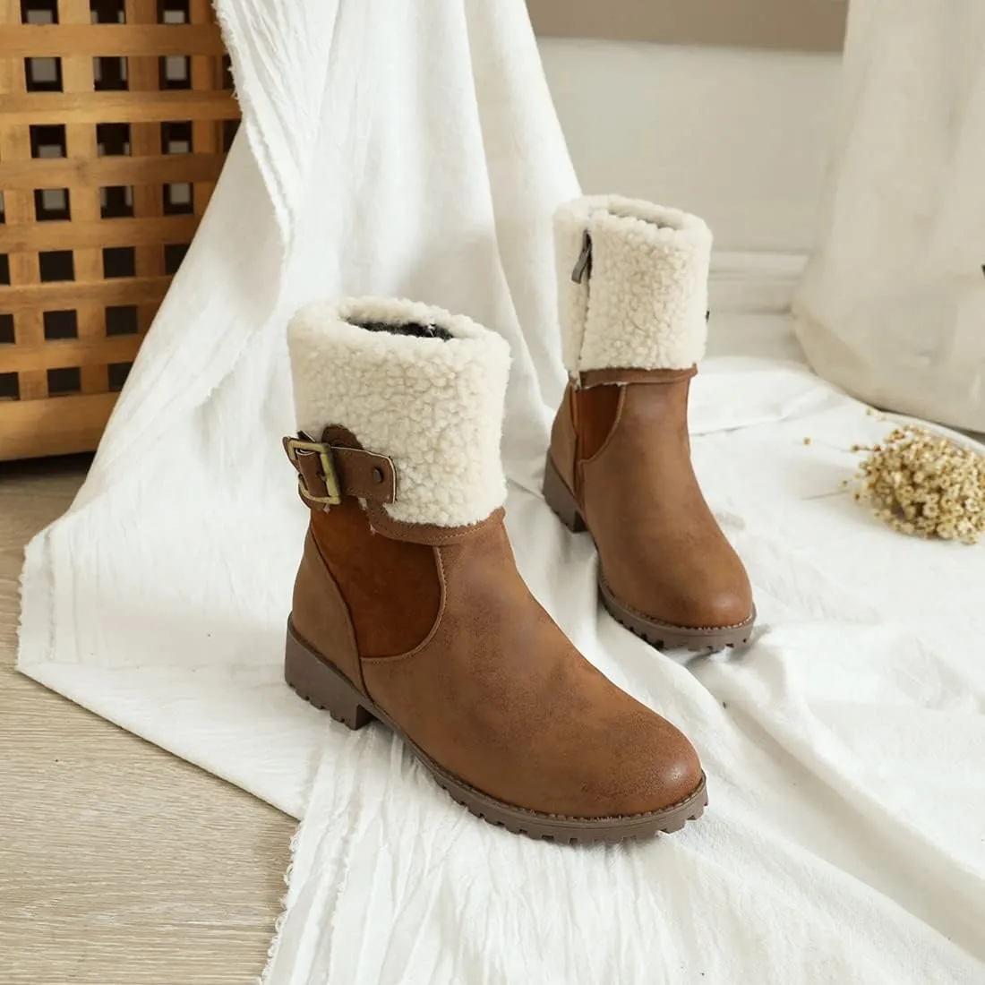 VOKLIN Women's Round Toe Buckle Cuff Dress Ankle Boots Flat Low Heels Zipper Warm Fur Dressy Short Booties