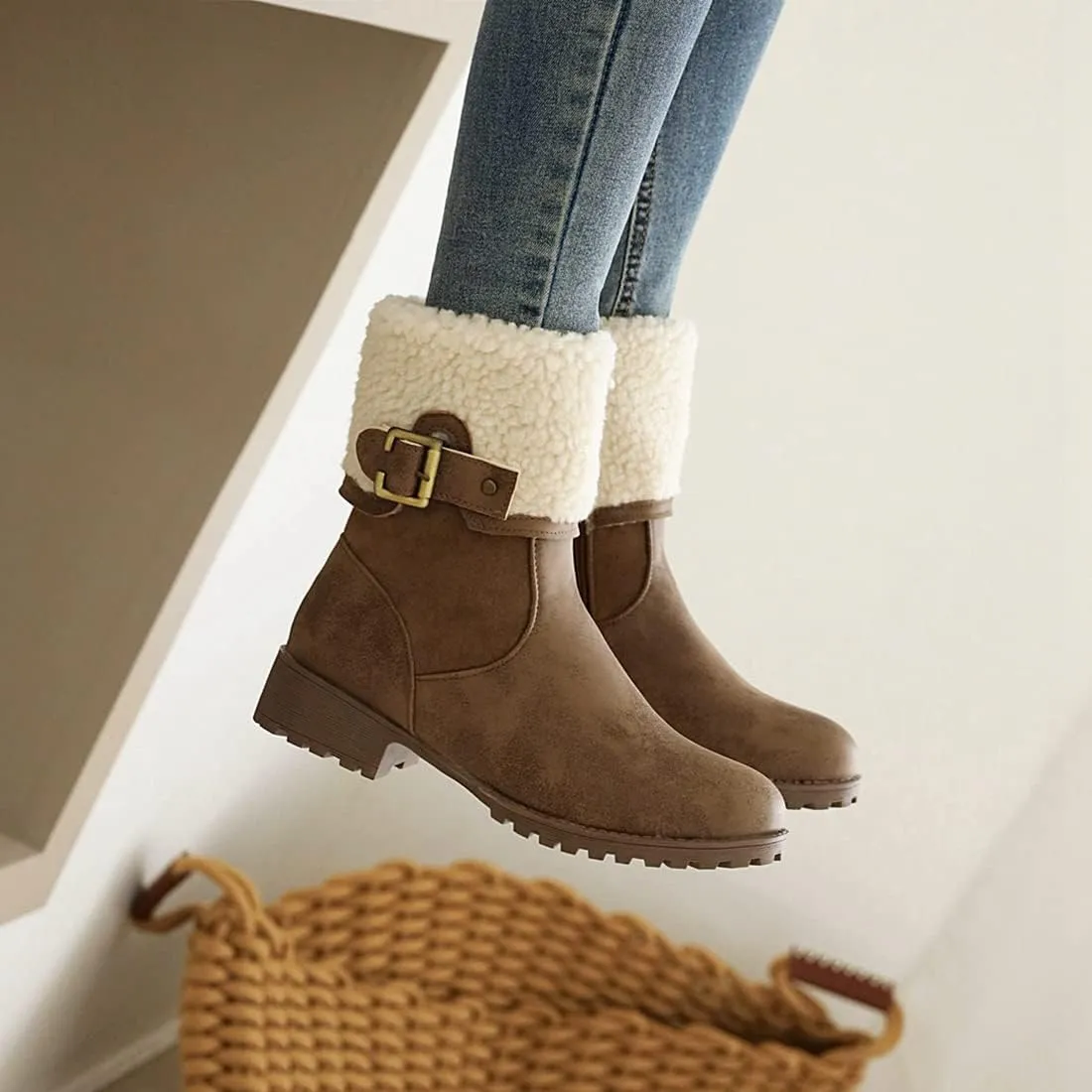 VOKLIN Women's Round Toe Buckle Cuff Dress Ankle Boots Flat Low Heels Zipper Warm Fur Dressy Short Booties